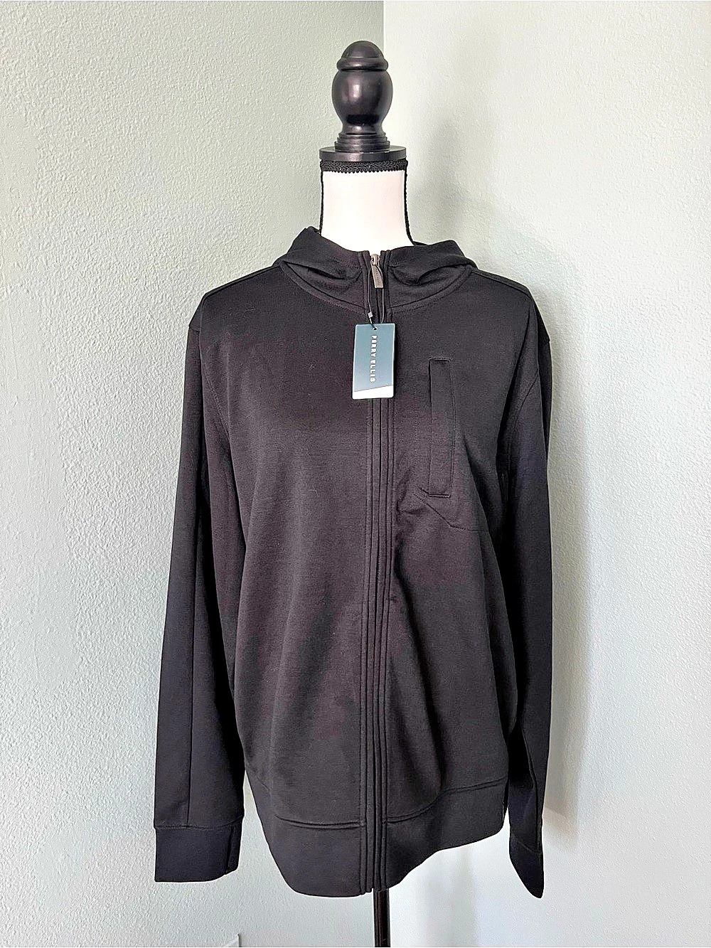 New Perry Ellis Men’s Hoodie Zip Up Black Pockets Sweater Size L